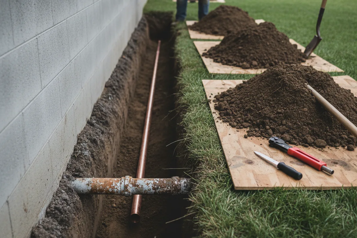 Excavated water line trench during Water Softener Installation in Lackey